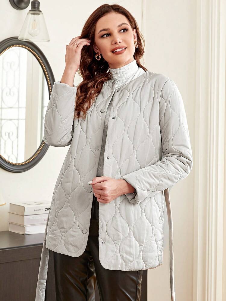 Button Front Belted Quilted Coat