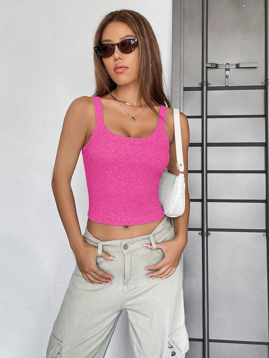SHEIN EZwear Solid Crop Tank Top - Hot Pink - View 1