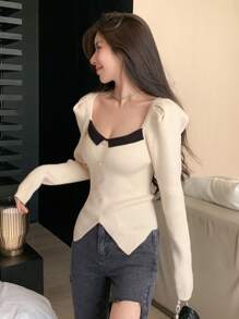 DAZY Contrast Trim Button Front Ribbed Sweater,Long Sleeve Tops,Fall Clothes - Apricot - View 3