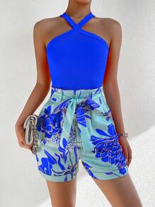 SHEIN Unity Solid Halter Top & Floral Print Belted Shorts - Royal Blue - View 3