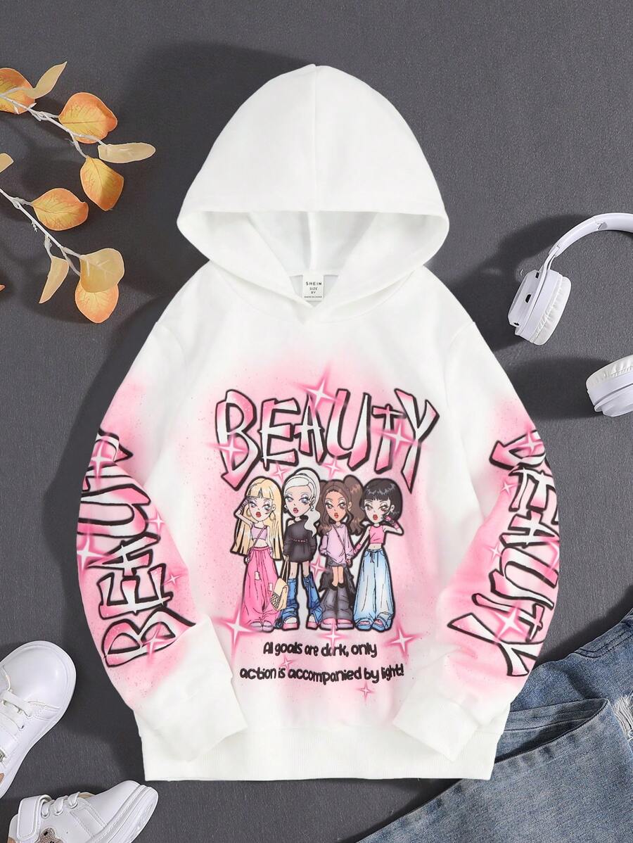 SHEIN 女大童卡通和標語圖案連帽衫