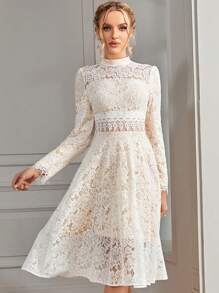 優雅小高領蕾絲正式晚禮服 - 米色 - 查看 1