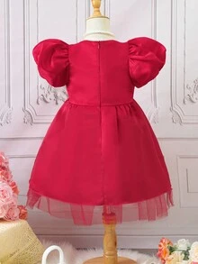 Young Girl Puff Sleeve Bow Front Mesh Overlay Party Dress - Red - View 2