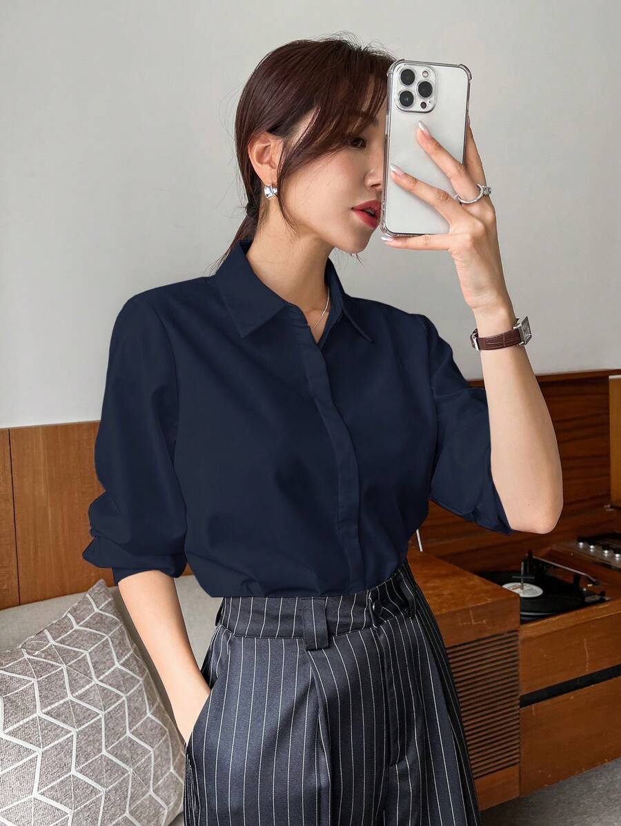 DAZY 女士休闲商务风格纯色宽松长袖翻领衬衫,秋季服装 - 藏蓝色 - 查看 1