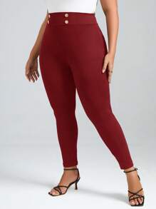 SHEIN Clasi 大碼高腰紐扣細節緊身打底褲 - 酒紅色 - 查看 4