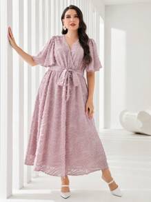 Modelyn Plus Butterfly Sleeve Fuzzy Belted Dress - Dusty Pink - View 4