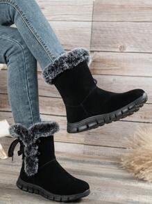 Giày bốt đế bằng chống trượt, mũi tròn, mềm mại và thoải mái, buộc dây, màu đen, thiết kế mùa đông mới, giày bốt đi tuyết ngắn lót dày và ấm áp thông thường dành cho nữ - màu đen - Xem 5