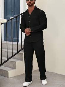 Manfinity Homme Conjunto Holgado De Camisa Y Pantalón Para Hombres, Con Botones Delanteros Y Color Sólido - Negro - Ver 5