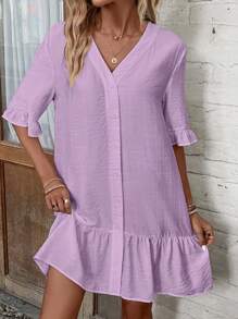 SHEIN LUNE 喇叭袖荷葉邊和服罩衫 - 紫丁香色 - 查看 5