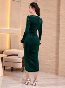 Modelyn Fuzzy Cuff Wrap Hem Velvet Dress - Dark Green - View 2