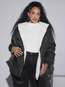 SHEIN CURVE+ Dual Pocket Drop Shoulder Hooded Teddy Lined Quilted Coat Flannels Curve Plus - Black - View 10