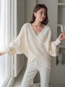 DAZY Solid Drop Shoulder Wrap Sweater,Fall Clothes - White - View 3
