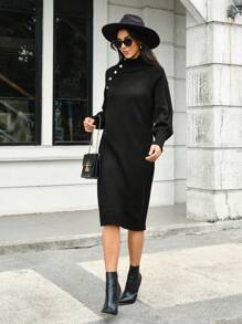 EURMUSE Women's Solid Color Button Design Turtleneck Long Sleeve Casual Knit Dress, Autumn/Winter - Black - View 4
