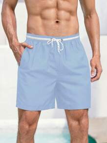 Surfspeed Men Striped Trim Drawstring Waist Swim Trunks - Baby Blue - View 1
