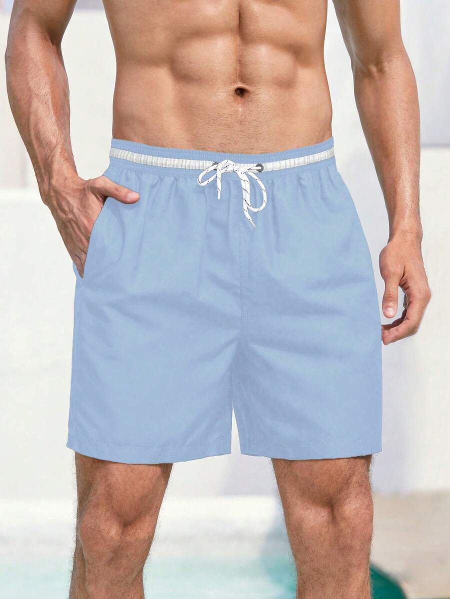 Surfspeed Men Striped Trim Drawstring Waist Swim Trunks - Baby Blue - View 1