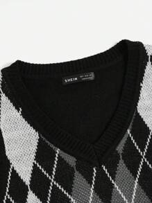 SHEIN EZwear 秋冬菱形图案毛衣背心（不含T恤） - 黑與白 - 查看 5
