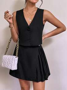 SHEIN Privé Solid Button Front Vest Blazer & Pleated Skirt - Black - View 3