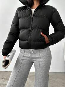 EURMUSE Solid Zip Up Puffer Coat - Black - View 4