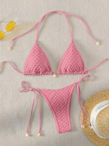 SHEIN Swim 夏季沙灘風吊帶三角領綁帶比基尼套裝 - 粉色 - 查看 1