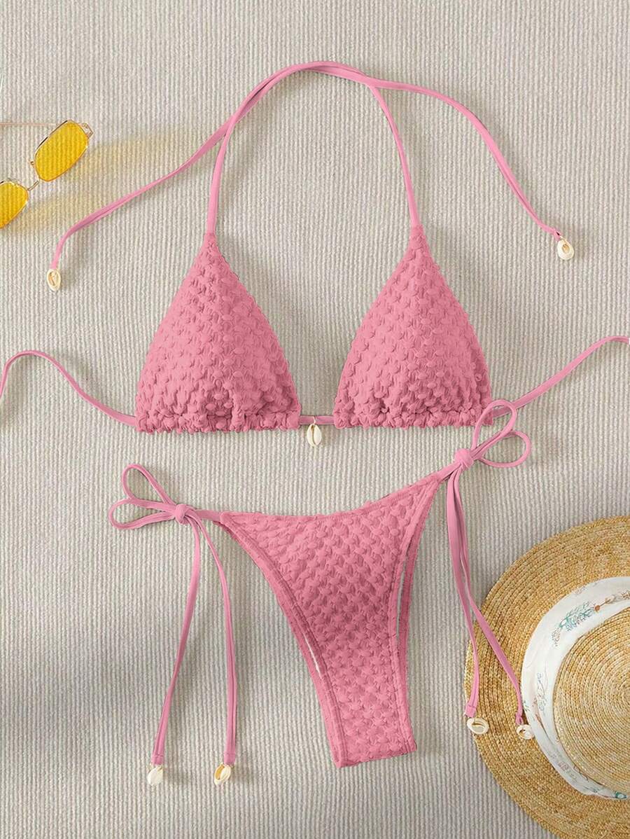 SHEIN Swim 夏季沙灘風吊帶三角領綁帶比基尼套裝 - 粉色 - 查看 1
