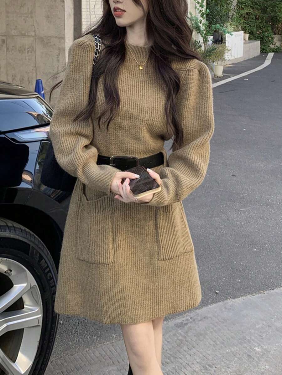 Solid Pocket Front Sweater Dress Without Belt - Khaki - View 1
