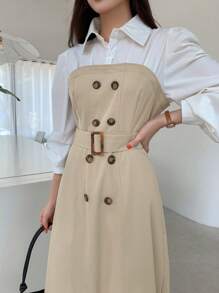 DAZY 双色双排扣腰带二合一正装衬衫裙，秋季服装 - 卡其色 - 查看 6
