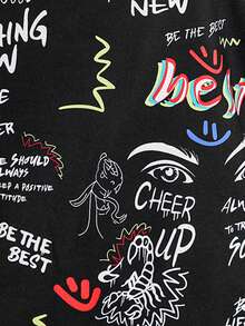 SHEIN EZwear 大碼標語和卡通圖案落肩袖套頭衫 - 黑色 - 查看 8