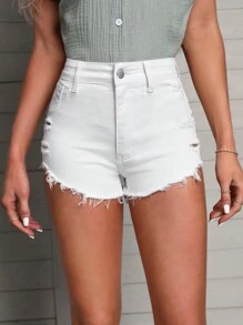 SHEIN PETITE Ripped Raw Hem Denim Shorts - White - View 1