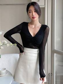 DAZY Mặt trước xoắn Lưới Áo - màu đen - Xem 5