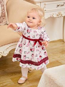 Baby Girl Floral Print Bow Front Dress With Headband - Multicolor - View 4