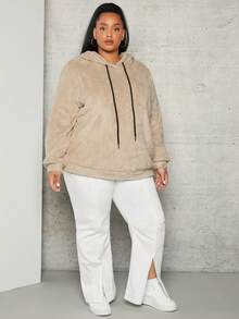 SHEIN CURVE+ Sudadera tipo teddy con cordón para tallas grandes - Albaricoque - Ver 3