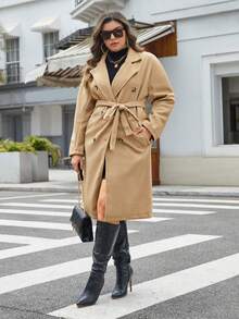 SHEIN Essnce Plus Double Breasted Belted Overcoat - Khaki - View 5