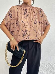 SHEIN Privé All Over Print Batwing Sleeve Mock Neck Blouse - Khaki - View 5