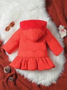 Baby Girl Button Front Ruffle Hem Hooded Padded Coat - Red - View 2