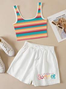 INAWLY 條紋圖案背心上衣&字母圖案腰部抽繩短褲 - 彩色 - 查看 1