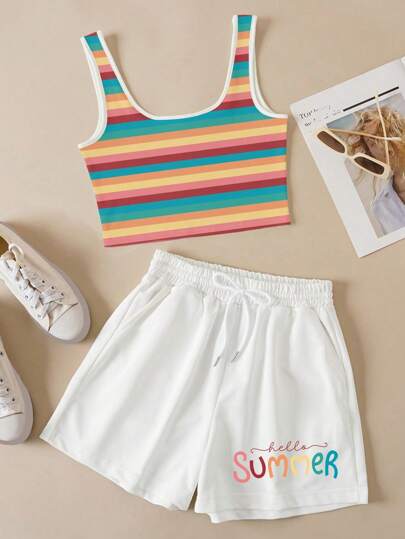INAWLY 條紋圖案背心上衣&字母圖案腰部抽繩短褲