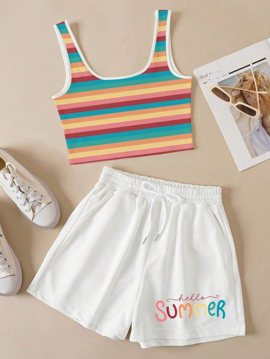 INAWLY 條紋圖案背心上衣&字母圖案腰部抽繩短褲 - 彩色 - 查看 1