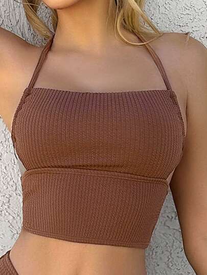 Summer Beach Solid Lace Up Backless Halter Bikini Top