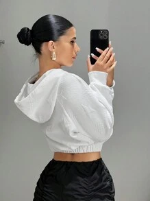 SHEIN ICON 素色星星插肩袖抽繩短款連帽衫 - 白色 - 查看 6