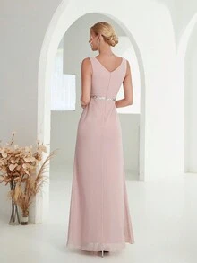 Deep V-Neck Silver Sequin Belt Pleated Chiffon High Slit Maxi Party Dress - Pink - View 2