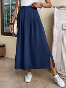 EMERY ROSE High Waist Button Detail Flare Skirt - Navy Blue - View 4