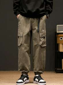 Men Letter Graphic Flap Pocket Cargo Pants - Khaki - View 3