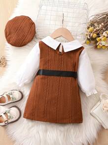 SHEIN Baby Girl Two Tone Flounce Sleeve Split Hem Dress & Hat - Brown - View 2