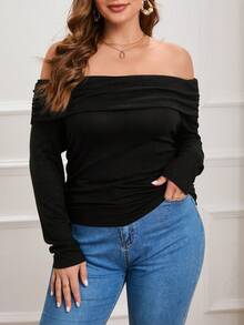 SHEIN Essnce Plus Off Shoulder Foldover Ruched Tee - Black - View 6