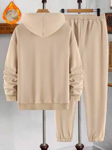 Manfinity Homme 男士拉鏈開襟抽繩加絨內裏連帽衫和運動褲不帶T恤 - 杏色 - 查看 2