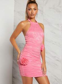 L'Amorae Floral Appliques Halter Ruched Dress - Pink - View 3