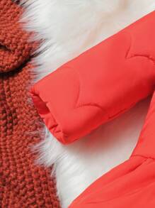 Baby Girl Button Front Ruffle Hem Hooded Padded Coat - Red - View 6