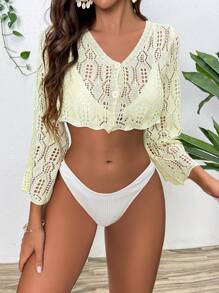 SHEIN Swim Summer Hollow Out Scallop Trim Lantern Sleeve Crop Kimono