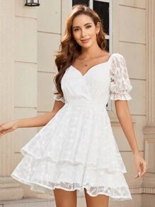 Đầm Xù phân lớp Trọn gói Dây kéo màu trơn Thanh lịch - trắng - Xem 1
