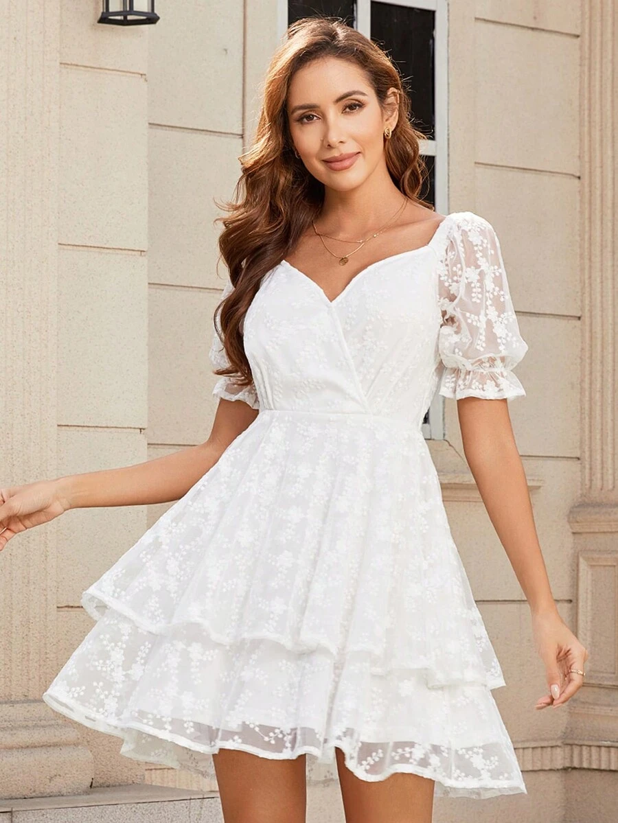 Đầm Xù phân lớp Trọn gói Dây kéo màu trơn Thanh lịch - trắng - Xem 1